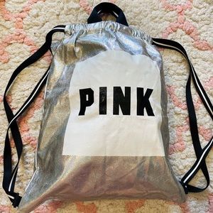 Victoria’s Secret PINK logo foil silver iridescent black drawstring backpack bag